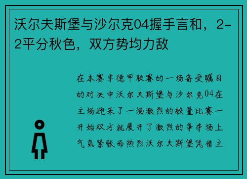 沃尔夫斯堡与沙尔克04握手言和，2-2平分秋色，双方势均力敌