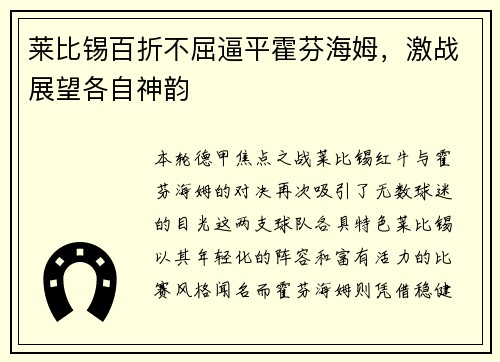 莱比锡百折不屈逼平霍芬海姆，激战展望各自神韵